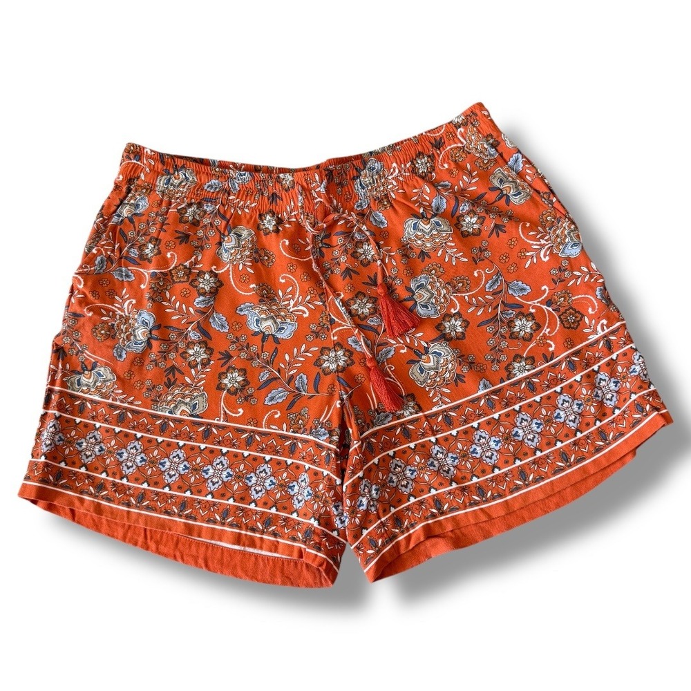 J Jill Petite Orange Floral Print Rayon Shorts‎ Elastic Waist Boho Summer